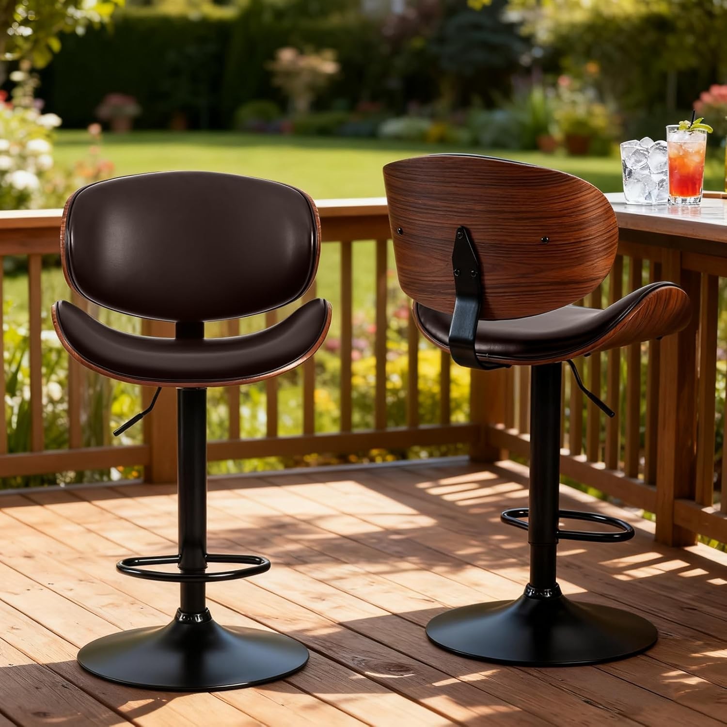 2Pcs Swivel Bar Stools,Adjustable Height,PU Leather Upholstery,w/Back&Footrest