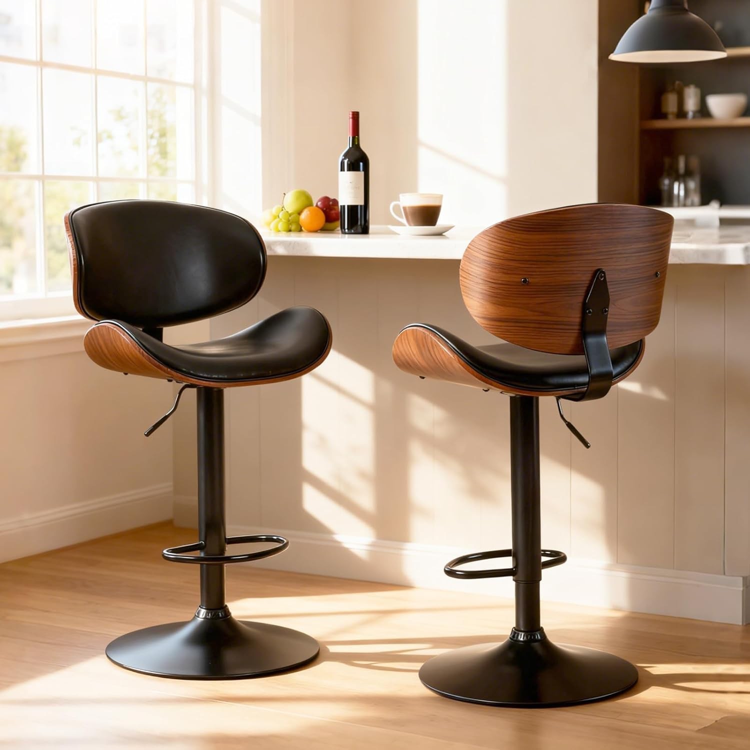 2Pcs Swivel Bar Stools,Adjustable Height,PU Leather Upholstery,w/Back&Footrest