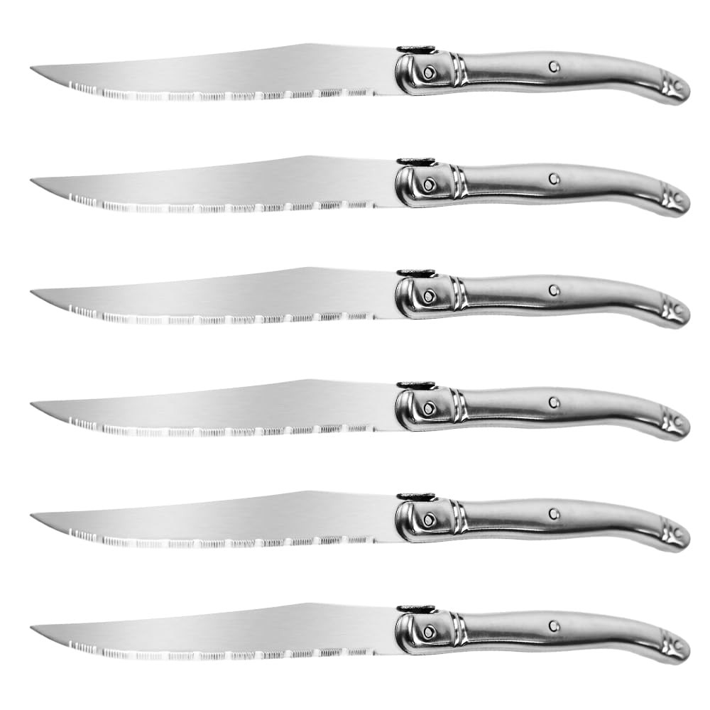 Laguiole Style Steak Knives Set 6 Serrated Stainless Steel Sliver-6 French