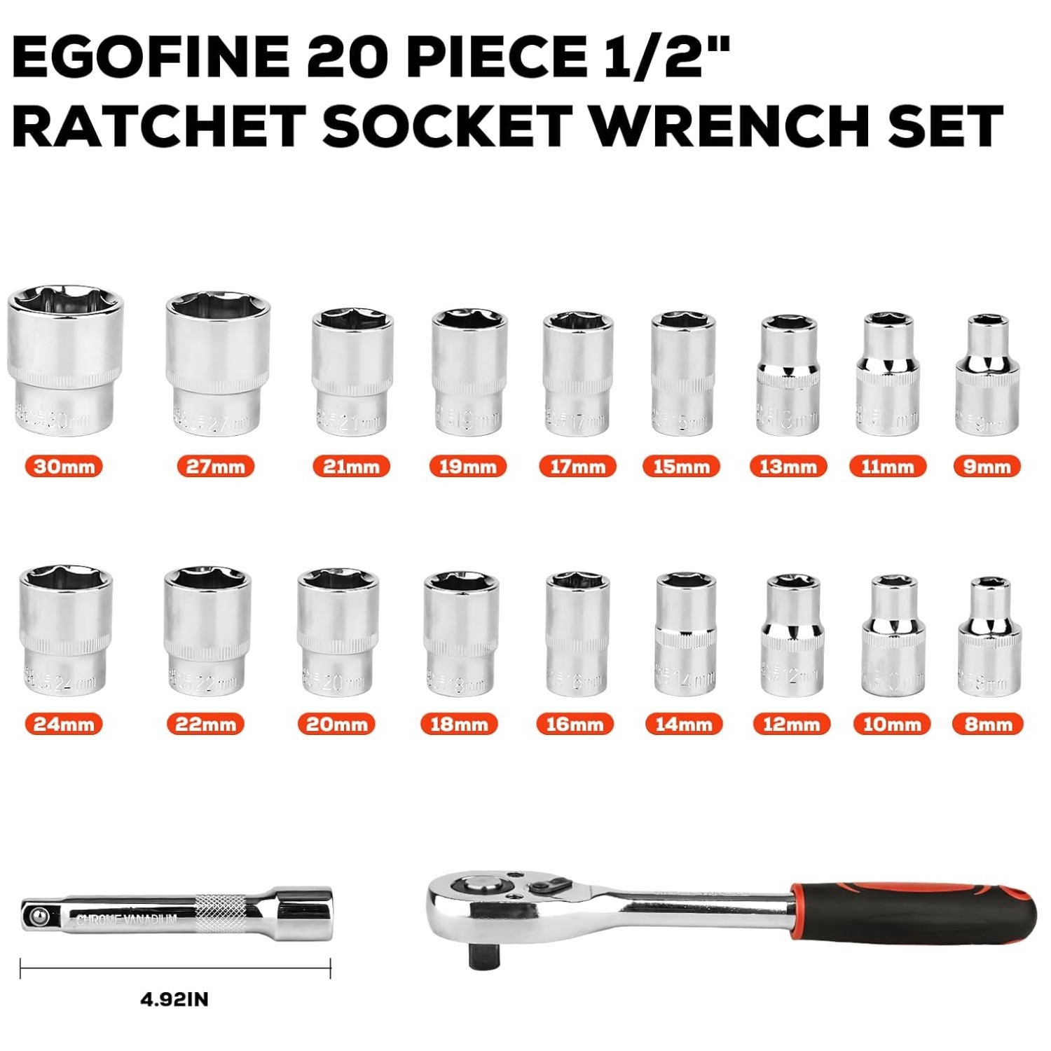 1/2 Inch Drive Socket Set, 18 Sockets 8-30mm + 2 Way Ratchet