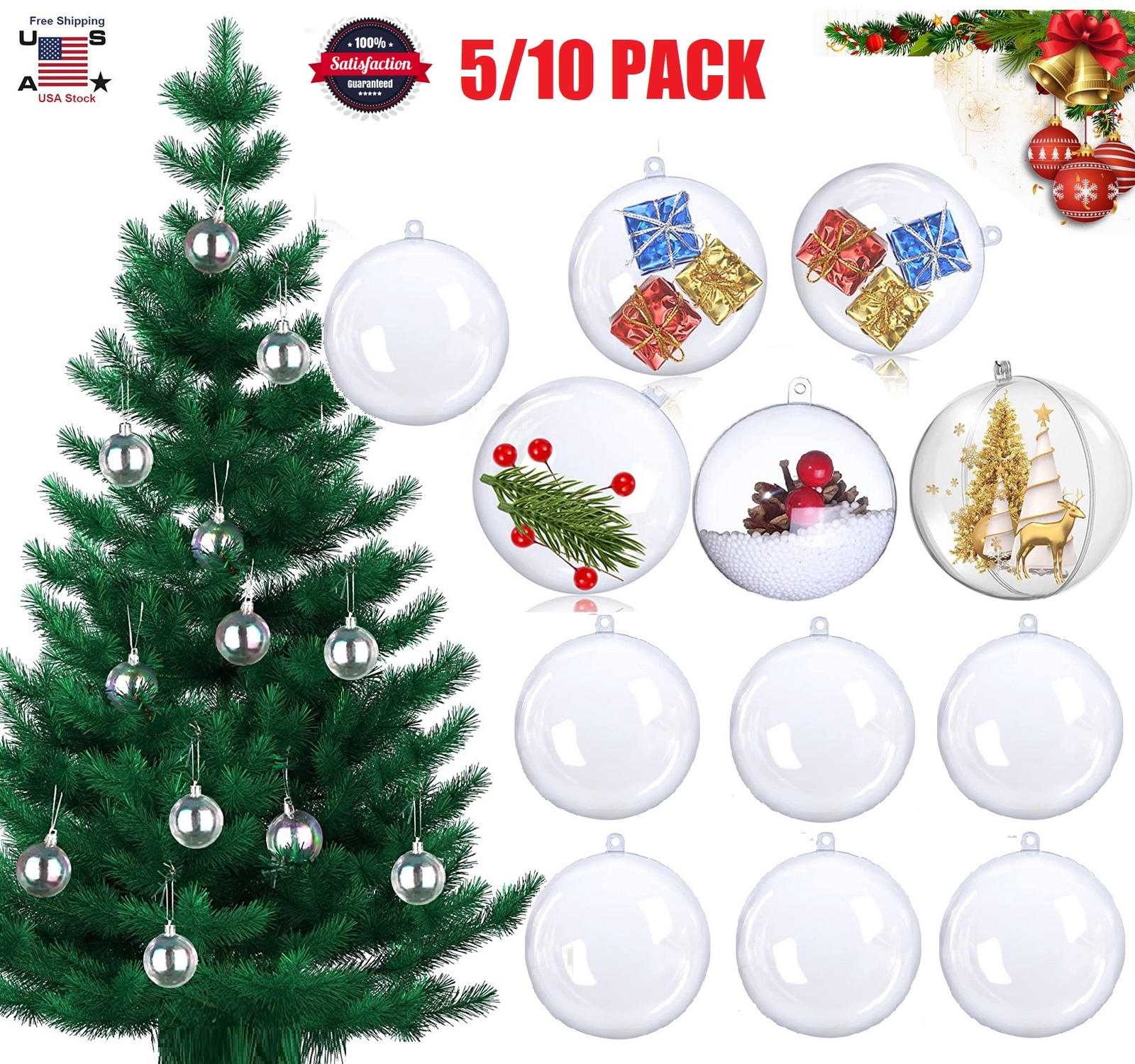 10× Christmas Tree Clear Baubles Clear Ball Plastic Fillable Sphere Ornament USA