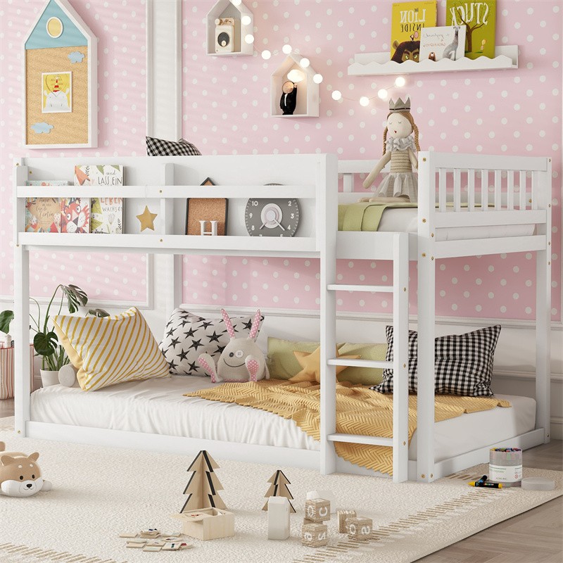 Solid Wood Low Twin Size Bunk Bed Floor Bunk Bed with Ladder for Kids Juniors