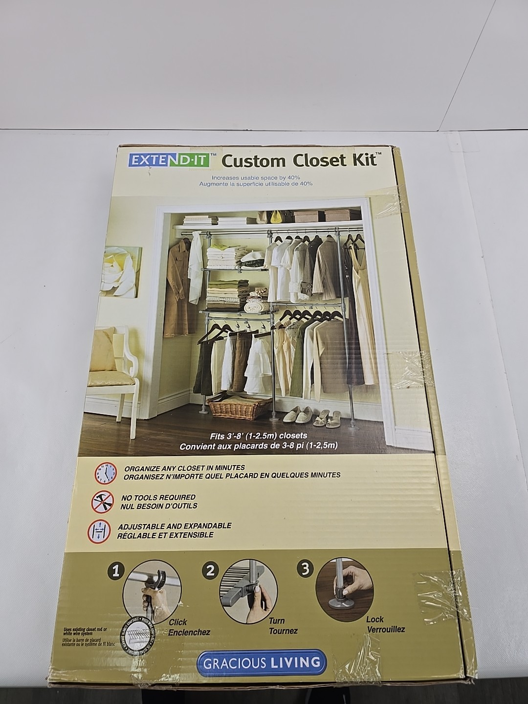 Extend-It Custom Closet Kit 3’-8’ Adjustable Organizer No Tools 2 Shelves NOS