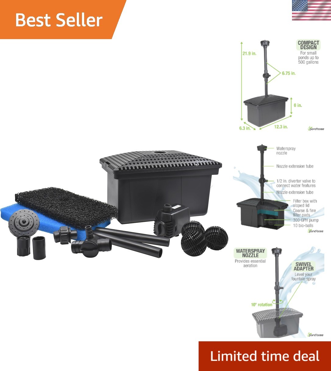 Versatile 320 GPH Filter Kit with Submersible Pump for Ponds Up to 500 Gallons