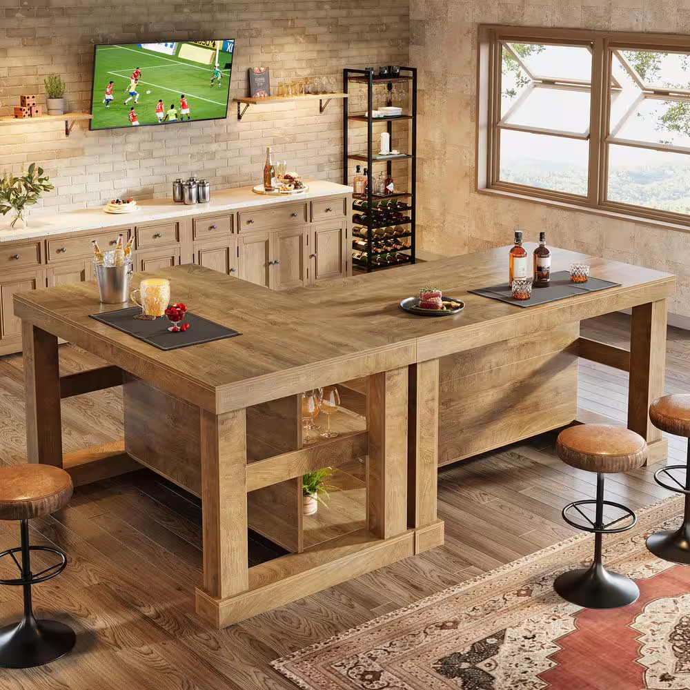 Kearsten Rectangle Brown 35.43 In. Corner Bar Home Table Storage 3-Tier Bar Cabi