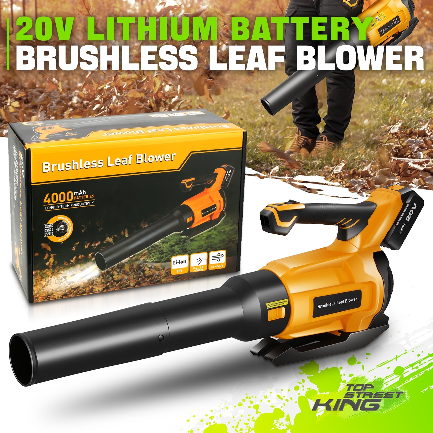 4000mAh Battery/Charger 20V 40m/s Brushless Handheld Leaf Blower Yellow/Black