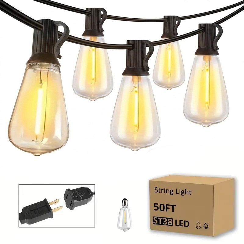 100FT Outdoor LED String Lights 2700K Warm White, Shatterproof ST38