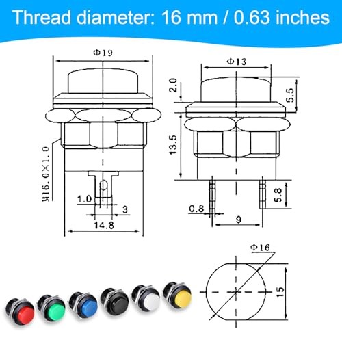 24 Pcs 16MM 5/8″ Momentary Push Button Switch, High Round Waterproof Metal