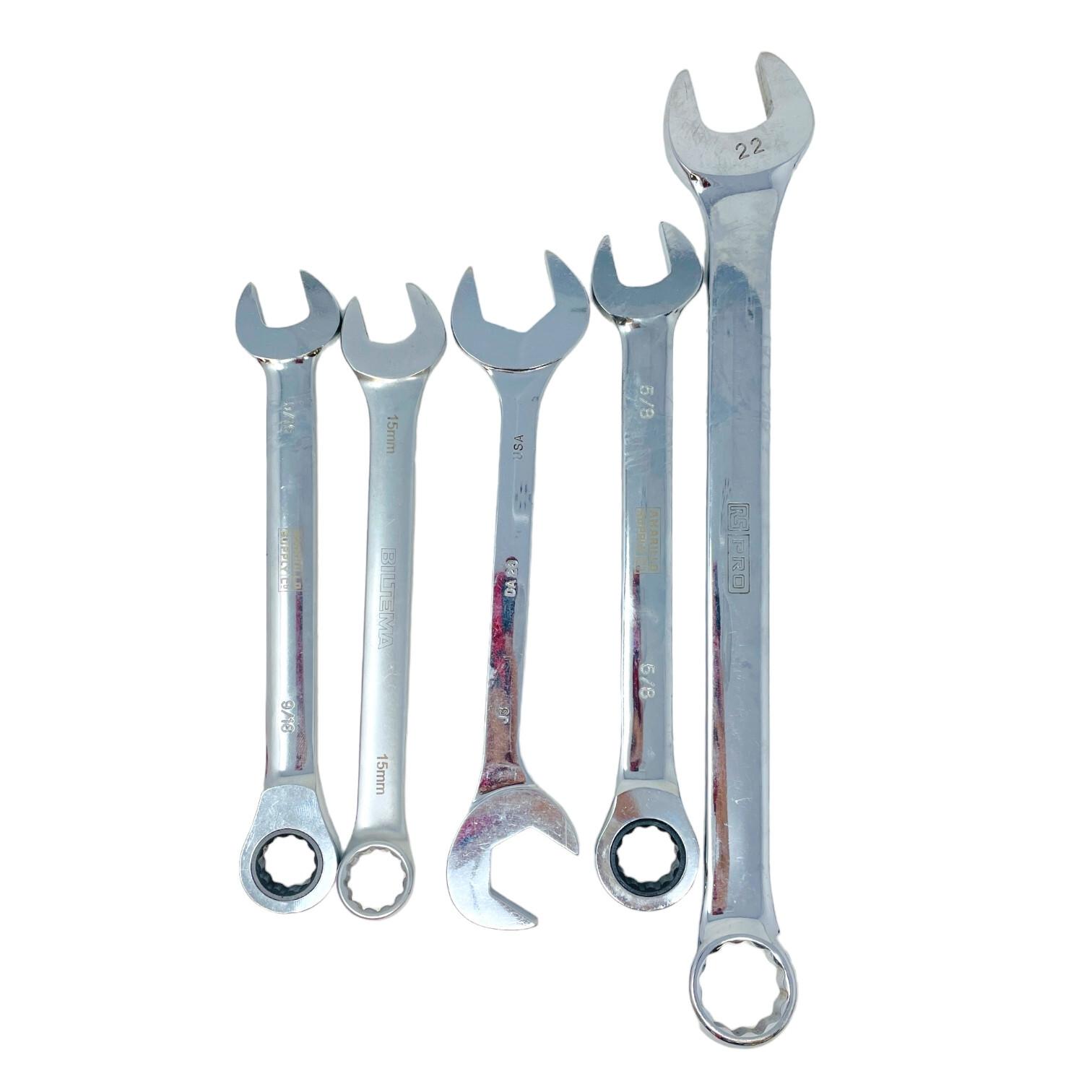 5 Pc Amarillo Supply, RS Pro 9/16, 5/8, 15, 22mm Ratcheting, Open-End Wrench Set