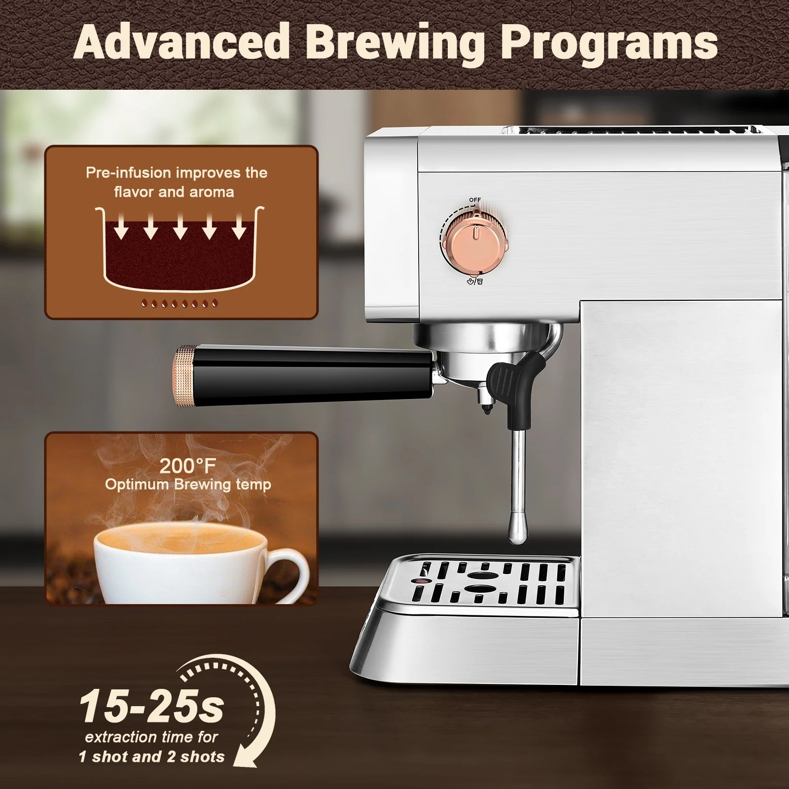 Mecity CM5203AY-UL 20 Bar Espresso Machine with Milk Frother Brushed Stainless