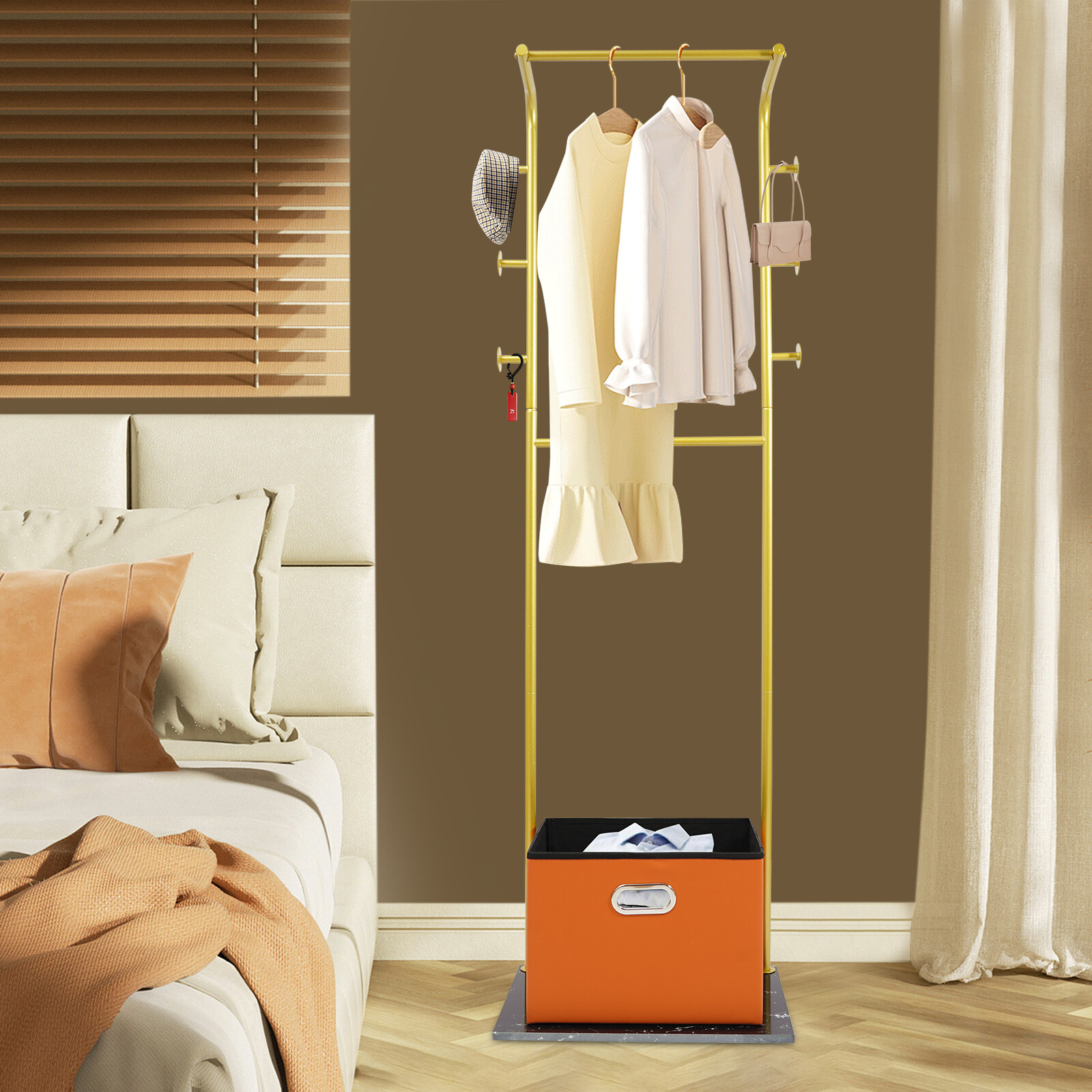 Freestanding Clothes Rack with Storage Basket, Metal Clothes Rack 67.72in Height