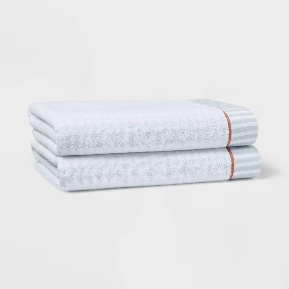 2pc Traditional Gingham Plaid Bath Towel Blue- Threshold