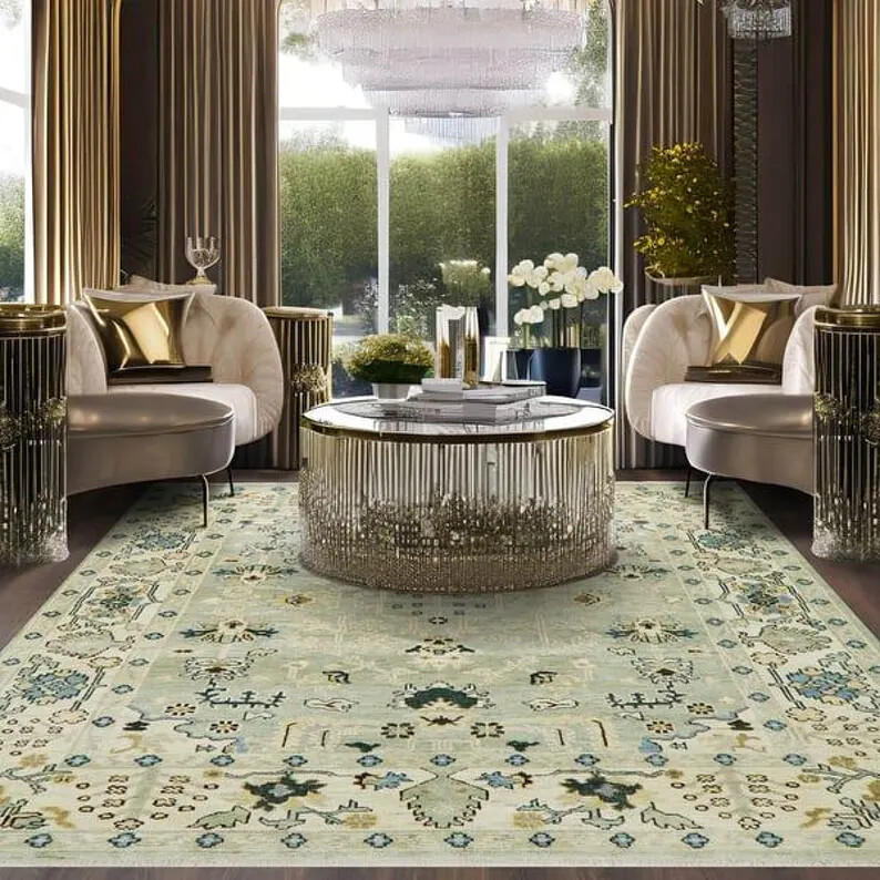 Oriantal Light Green Oushak Rug, 8×10 Exquisite Turkish Hand Knotted Rug, Modern