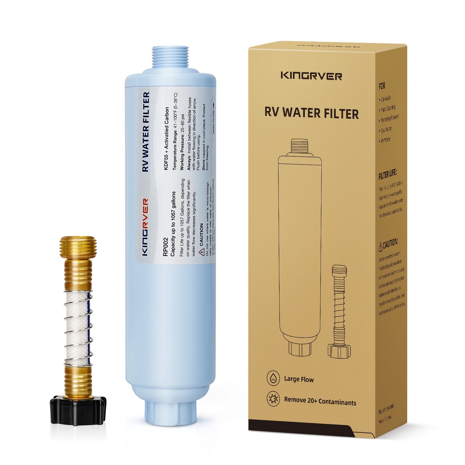 KINGRVER RV Inline Water Filter w/Flexible Hose Garden and Camper Reduces Odor