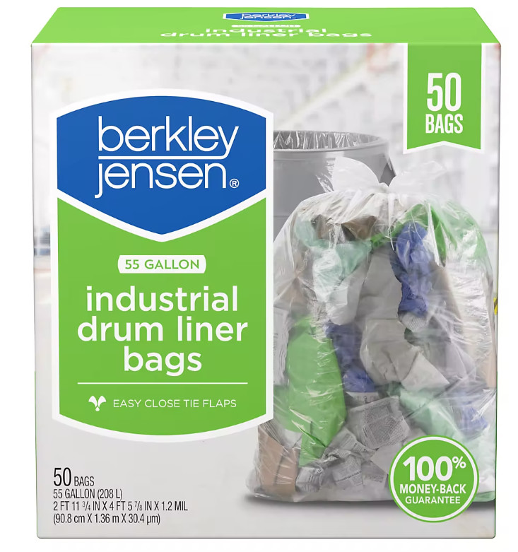 Berkley Jensen Industrial Drum Liner Trash Bags, Clear, 50 Bags/55 gal.