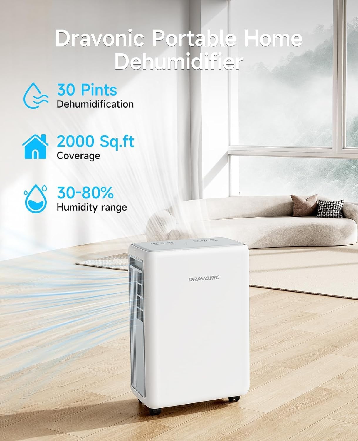 30 Pints Dehumidifier Quiet 3-Mode Operation 0.4 Gal Tank Auto Defrost
