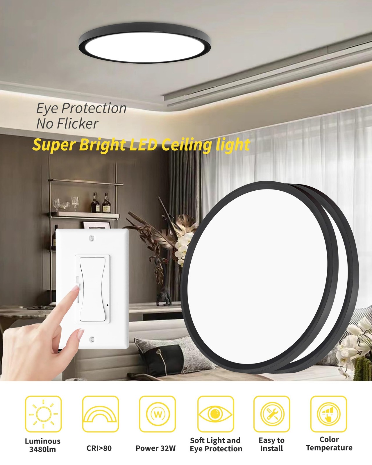 1Pack 16 Inch Dimmable LED Flush Mount Ceiling Light Panel,32W 3480LM,3000K/4…