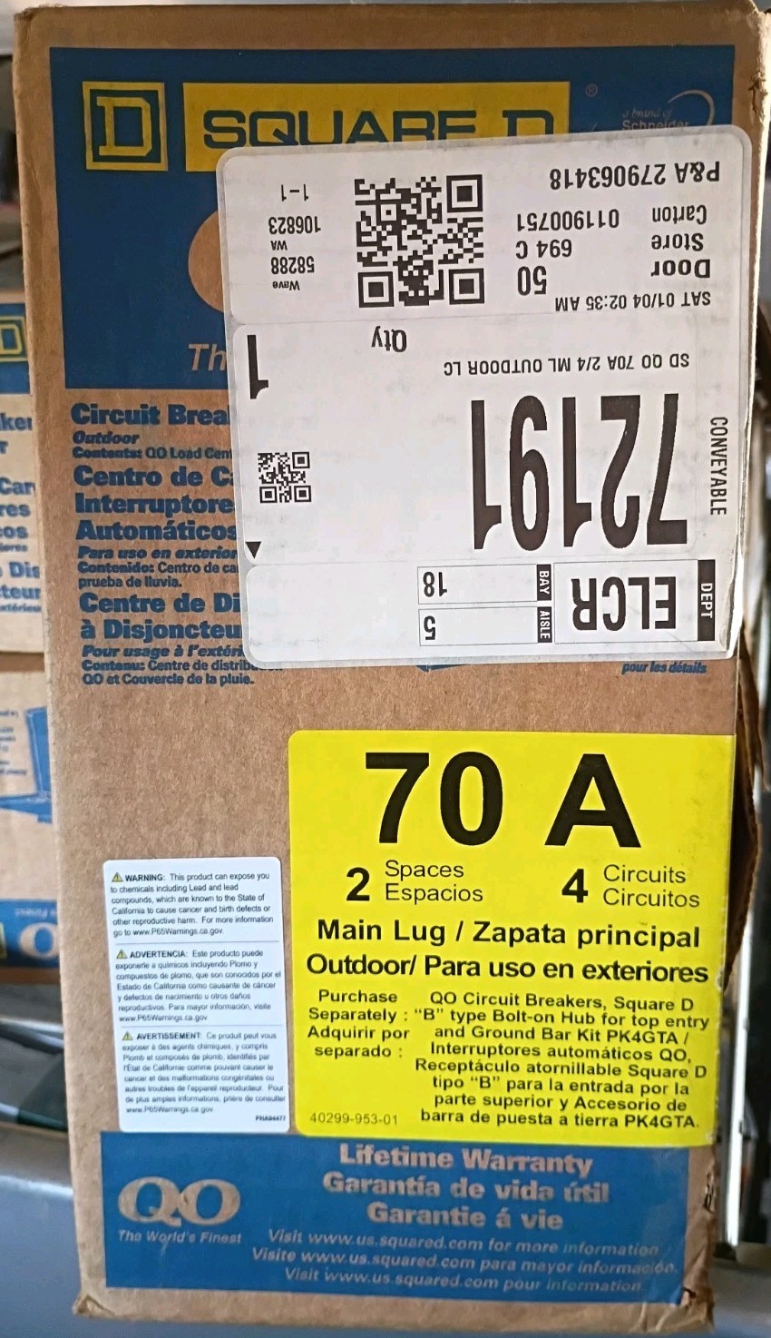 Square D QO24L70F 70A Load Center Main Lug 1-Phase 2-Spaces 4-Circuits 120/240V