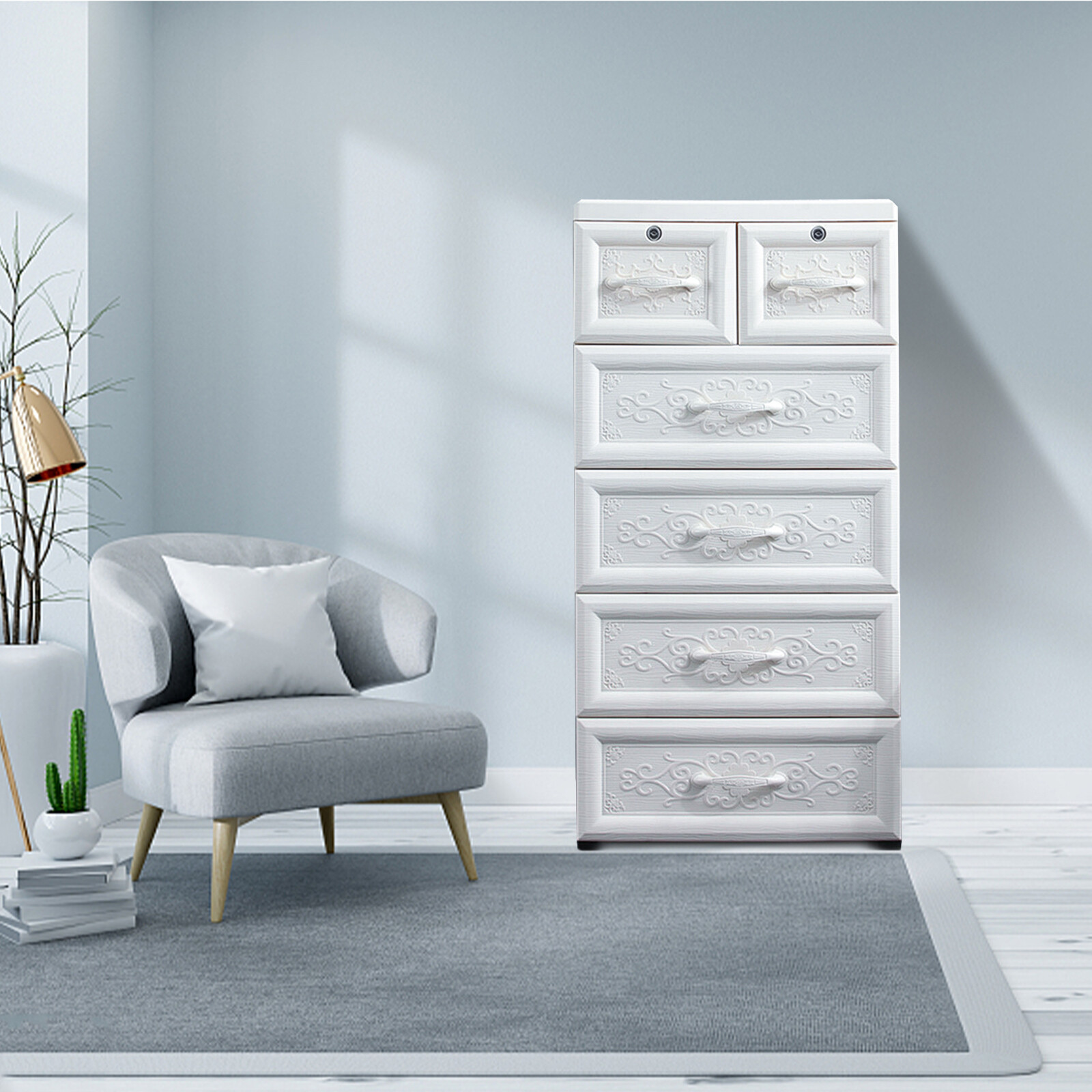 Bedroom Dresser Floor Cabinet 6 Drawers Storage Cupboard Tall Closet w/Rollers