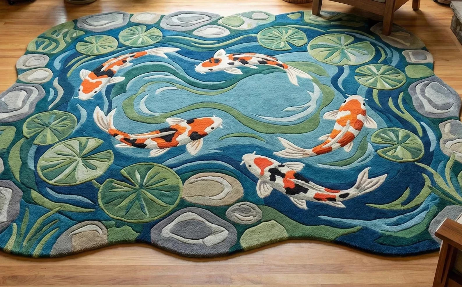 Hand Tufted Koi Fish Pond Rug – Round Artistic Area Rug – Japanese Style Water