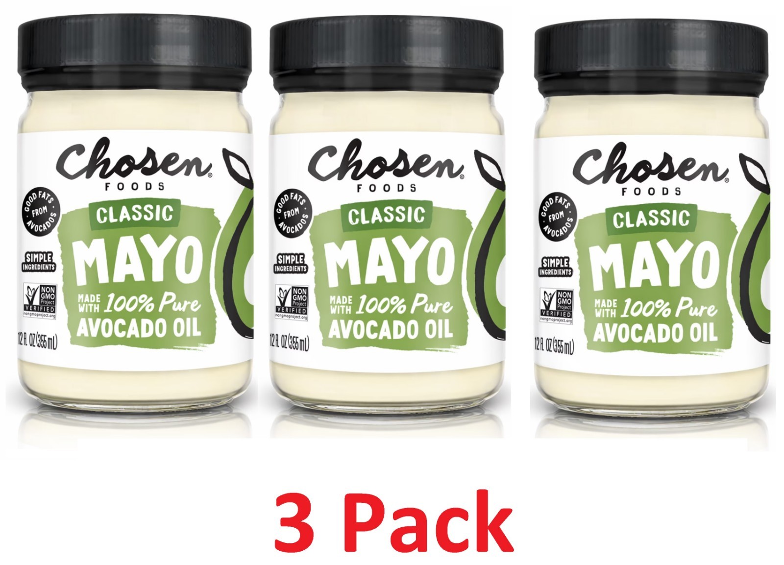 (3 Pack ) Chosen Foods 100% Pure Avocado Oil-Based Classic Mayonnaise 12 Oz Jars