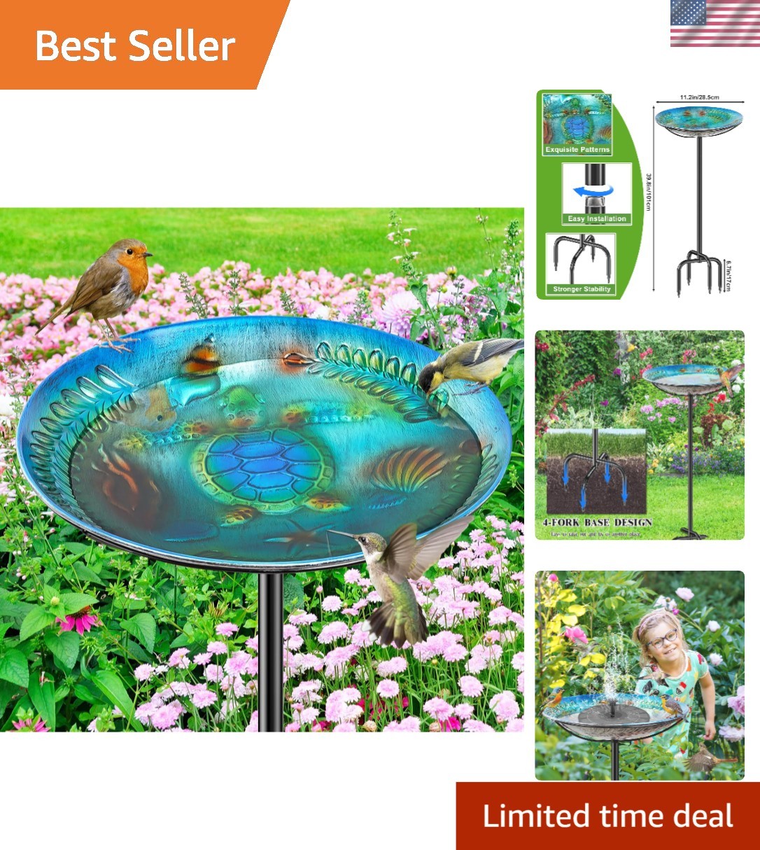 Unique Hand-Powered Bird Bath & Feeder with Vintage Touch for Outdoor Charm