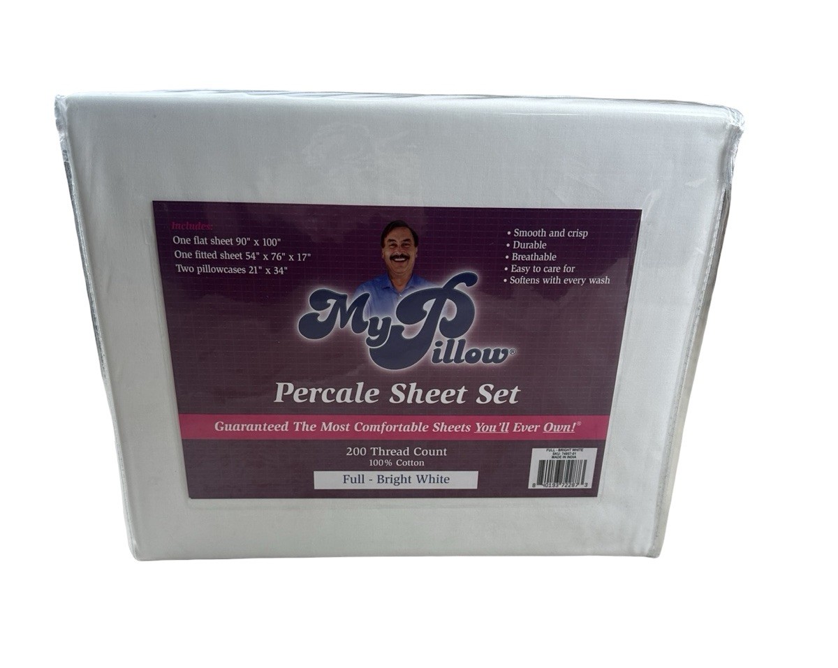 MyPillow Percale Sheet Set Full Bright White 100% Cotton 200 TC NEW