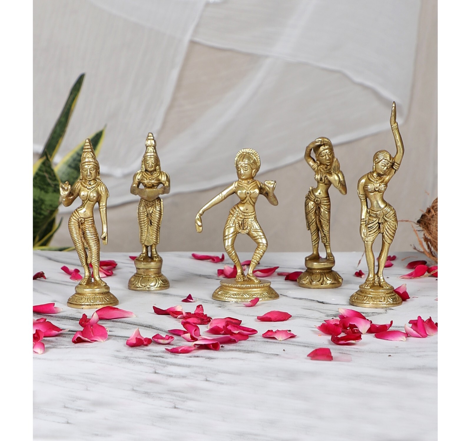 Brass Apsara Showpieces – Set of 5 Statues, Decorative Items for Home