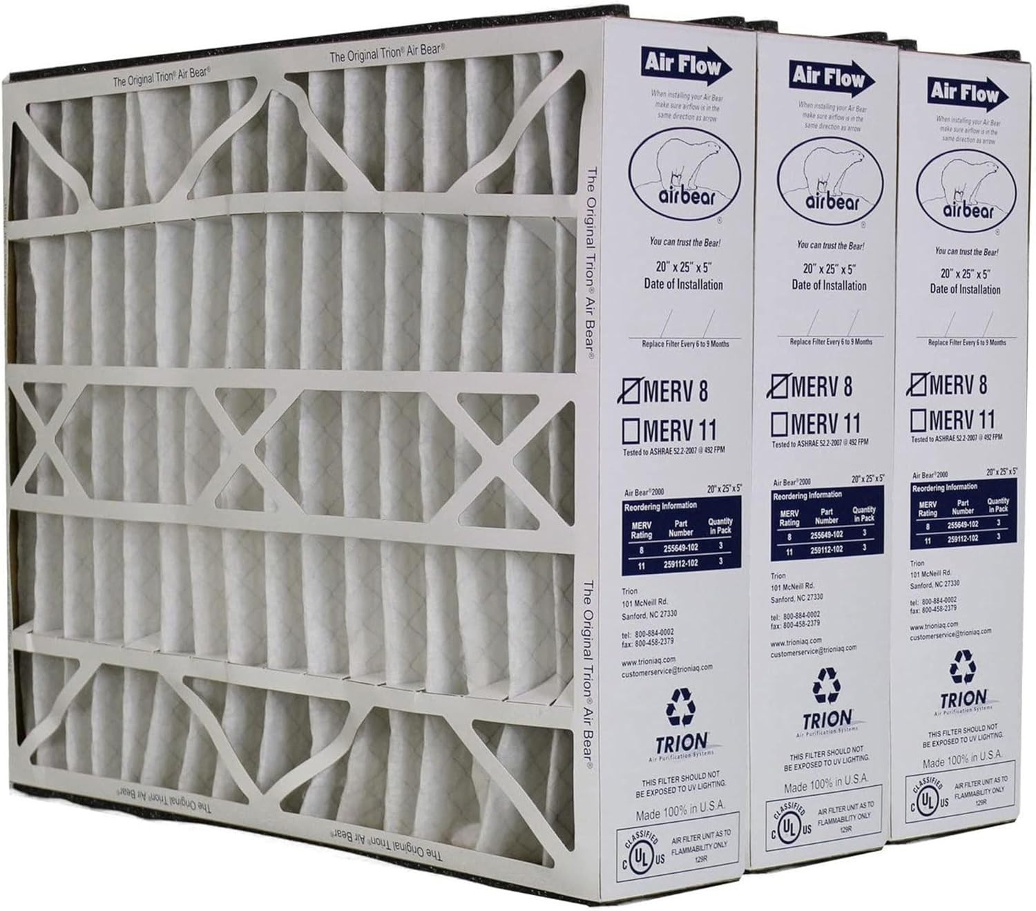 255649-102 Air Bear 20 X 25 X 5 Inch MERV 8 High Performance Air Purifier Filter