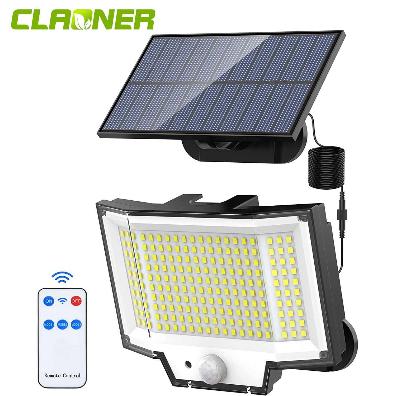 CLAONER 200 LED Solar Power Light PIR Motion Sensor Outdoor Remote Security Lamp