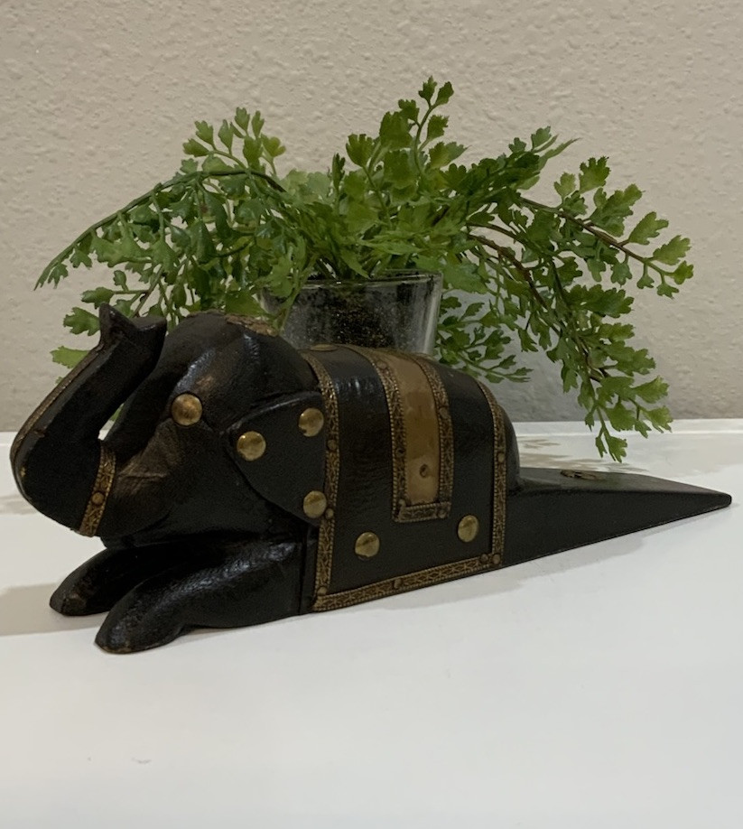 Vtg Wood Brass Hand Carved Elephant Wedge Trunk Up Doorstop Sculpture Statue