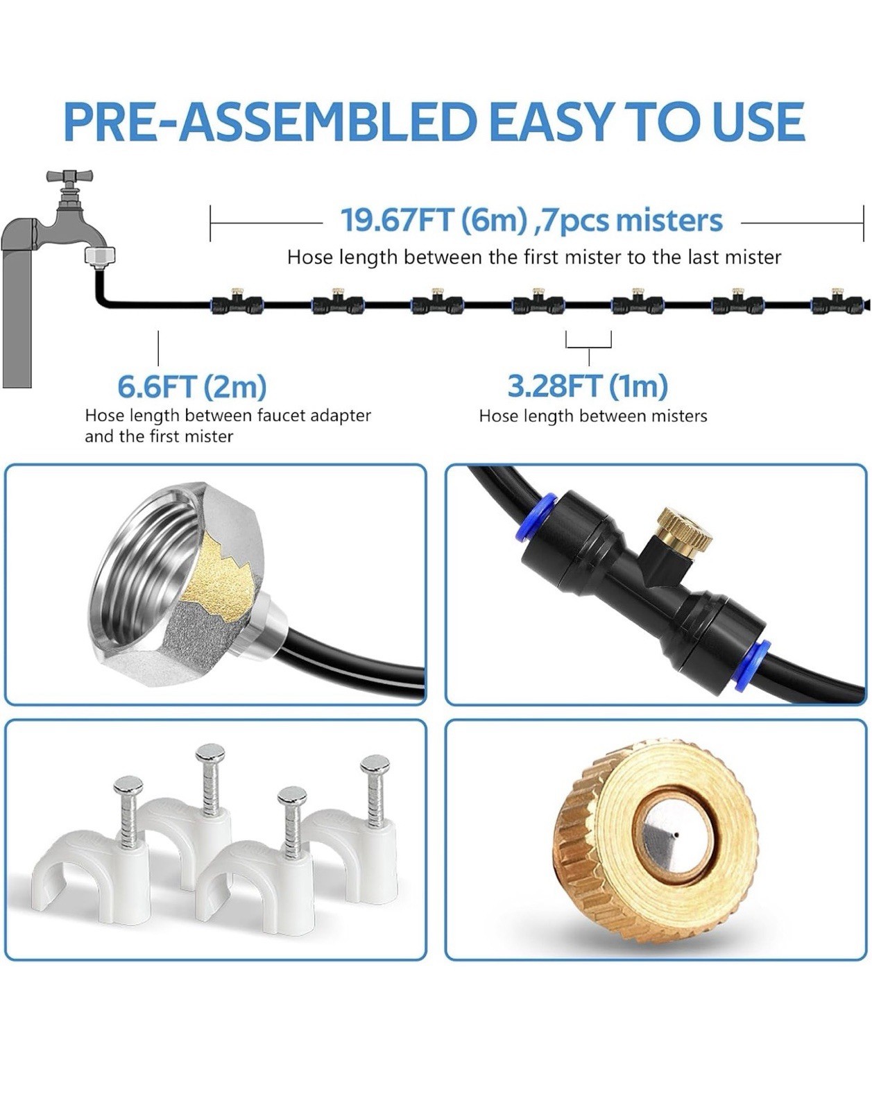 26FT (8M) Outside Misting Cooling System, Patio Mister With 7 Brass Mist Nozzles