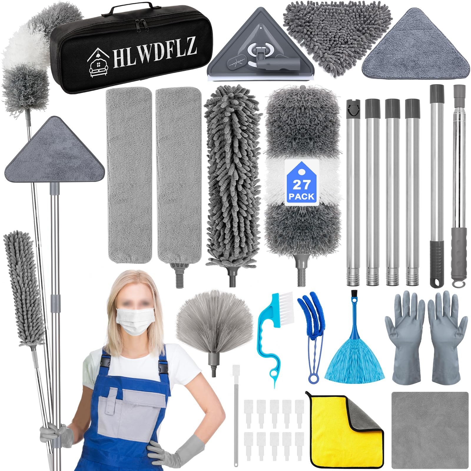 Microfiber Duster Kit 27pcs with 30 to 100 Inches Extension Pole and Wall