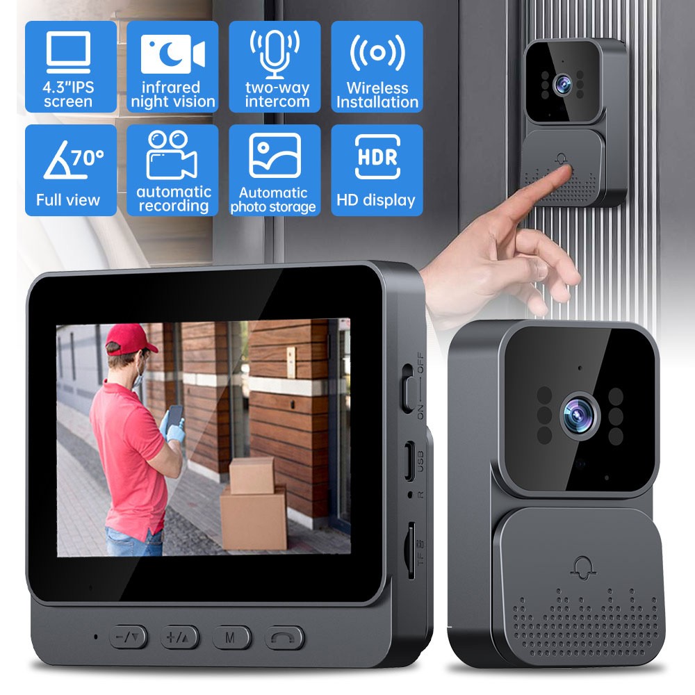 Smart Doorbell Chime Video Door Bell 1080P Camera Wireless with 4.3inch Monitor
