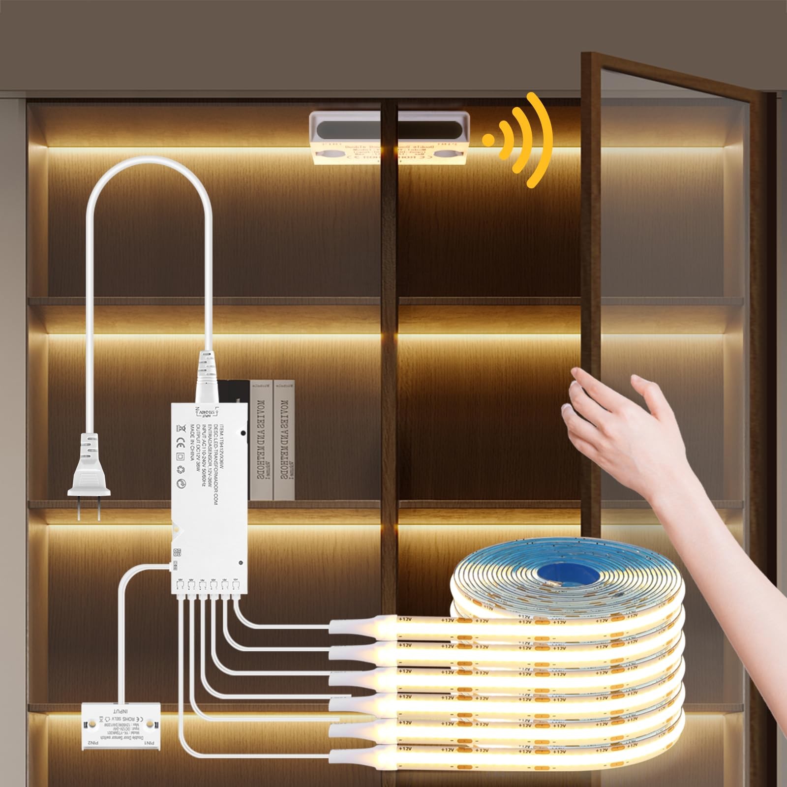 3.3Ft 3000K Warm White 12V COB LED Strip Light 6in1 Door Sensor Cabinets