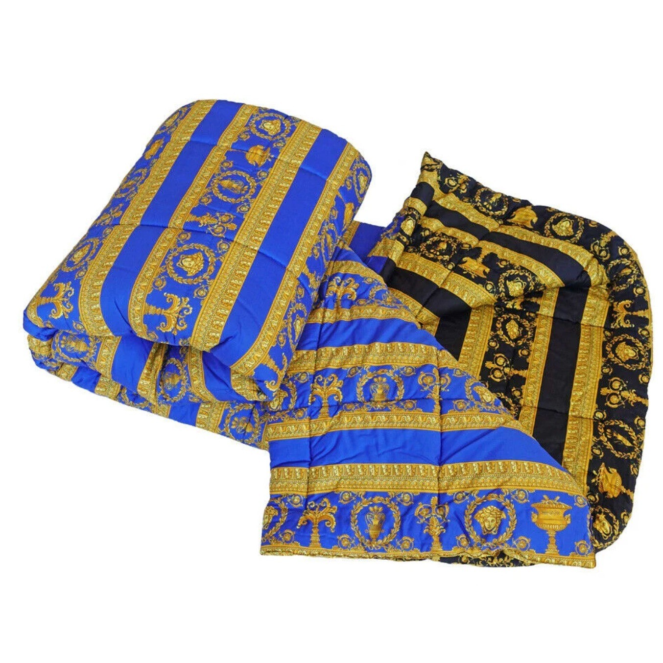 Versace Barocco Reversible Comforter Blue Black Gold Medusa Made in Italy NEW