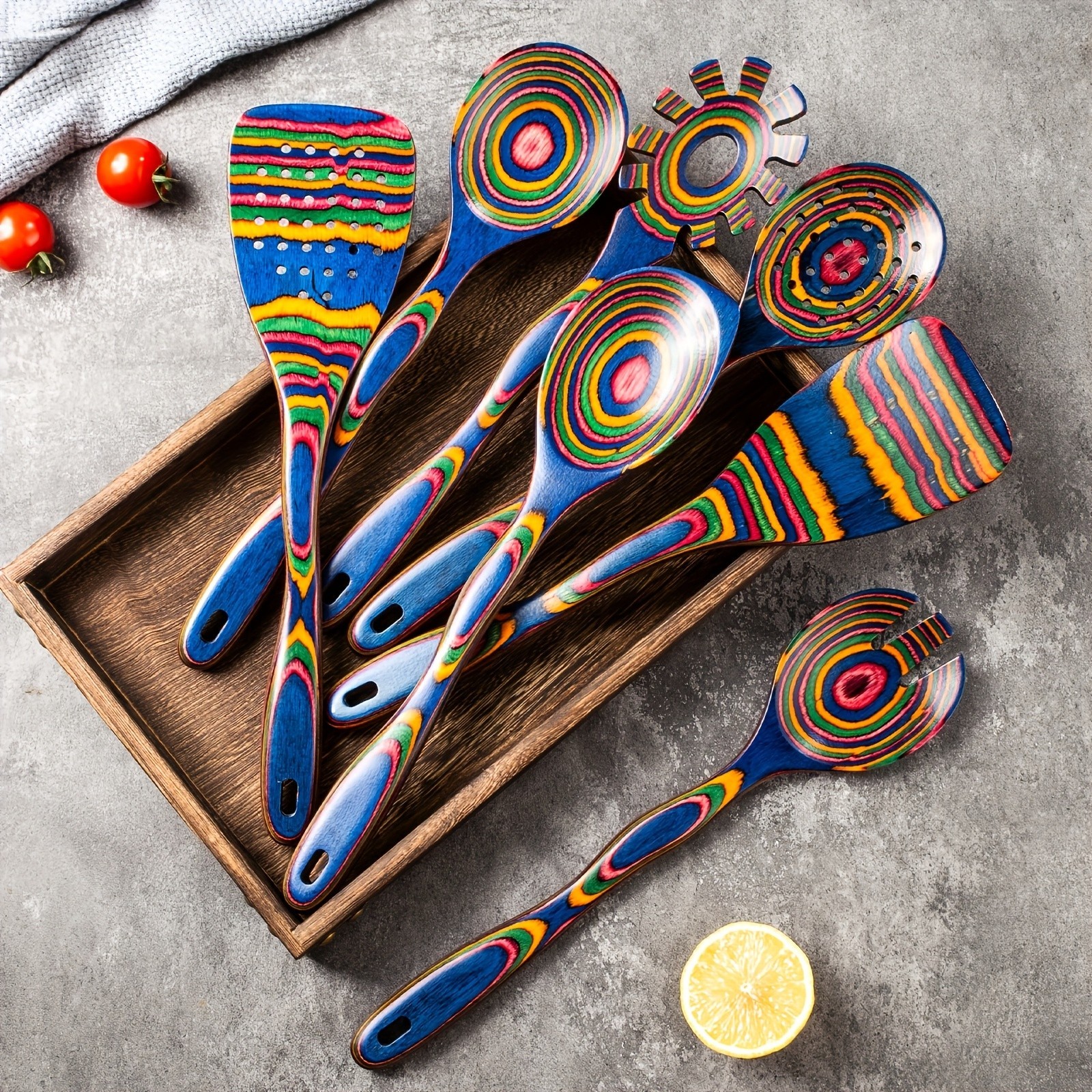 Pakkawood 7-Piece Blue Wooden Cooking Utensils – Wooden Spoons, Kitchen Utensils