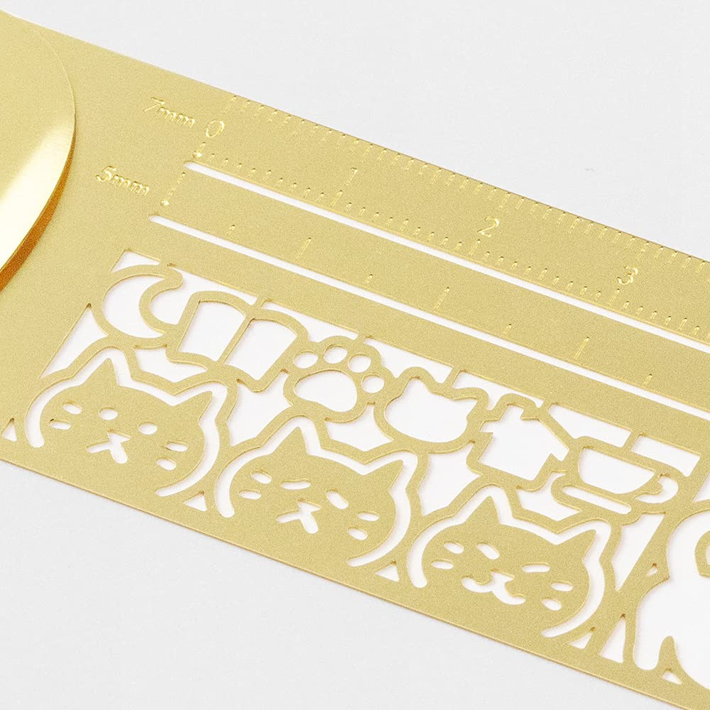Thin Brass Cat Print Ruler Template for Notebook Clip 3.9in 0.3mm