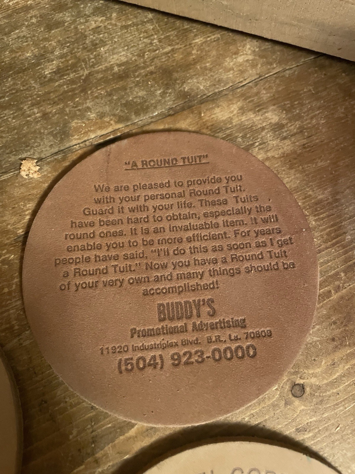 Rawhide Leather Drink Coasters Engraved with Company Advertisements