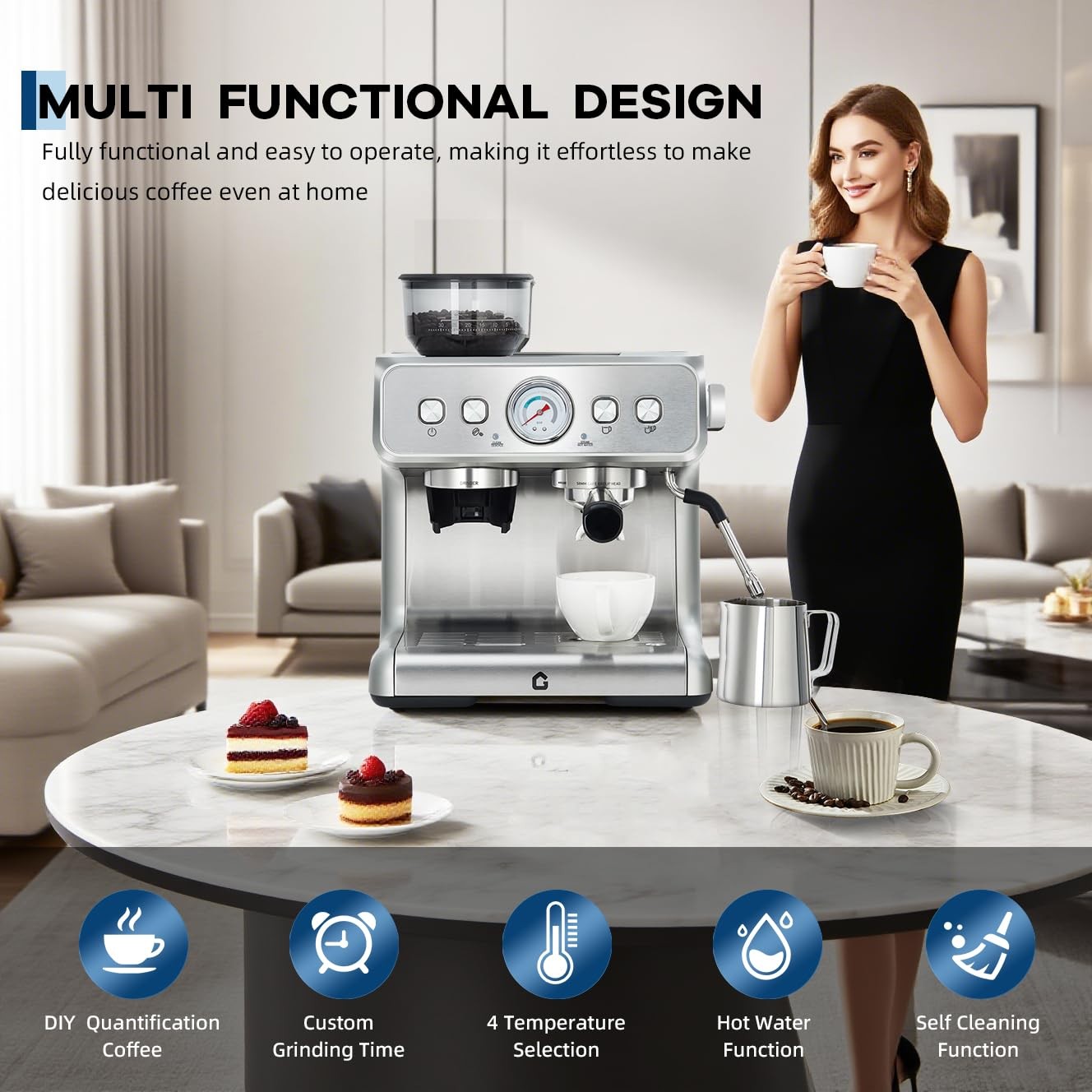 Garvee Stainless Steel Espresso Machine with Grinder & 20 Bar Pressure, 2.8L