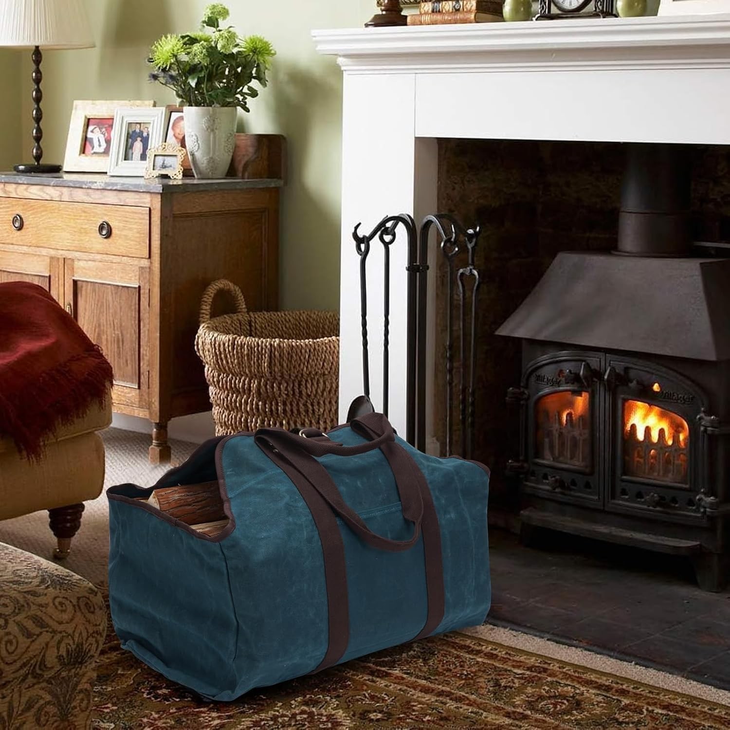 Waxed Canvas Log Carrier Tote Bag, Extra Large Durable Firewood Holder with H…