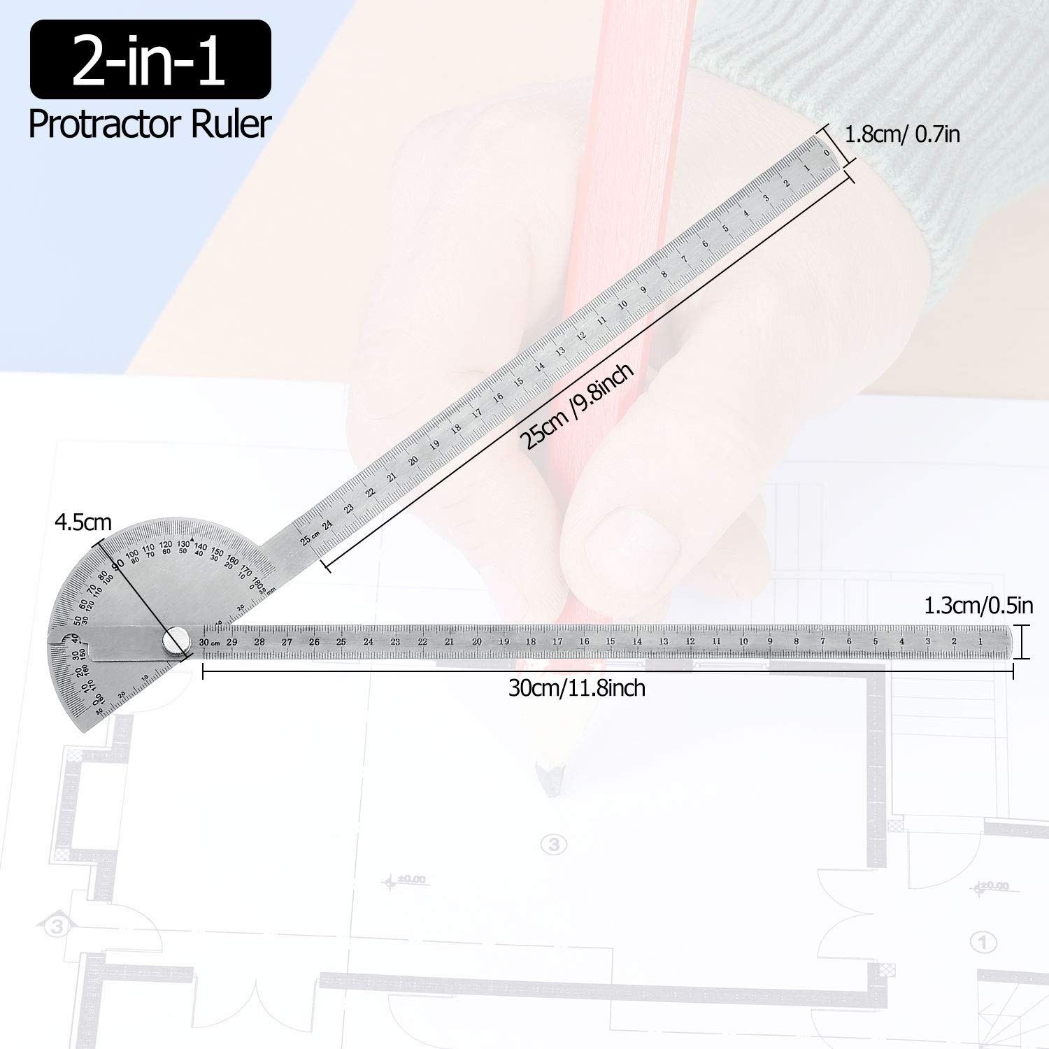 Angle Protractor Finder Ruler Two Arm Stainless 30 cm/ 11.8 Inch, Clear