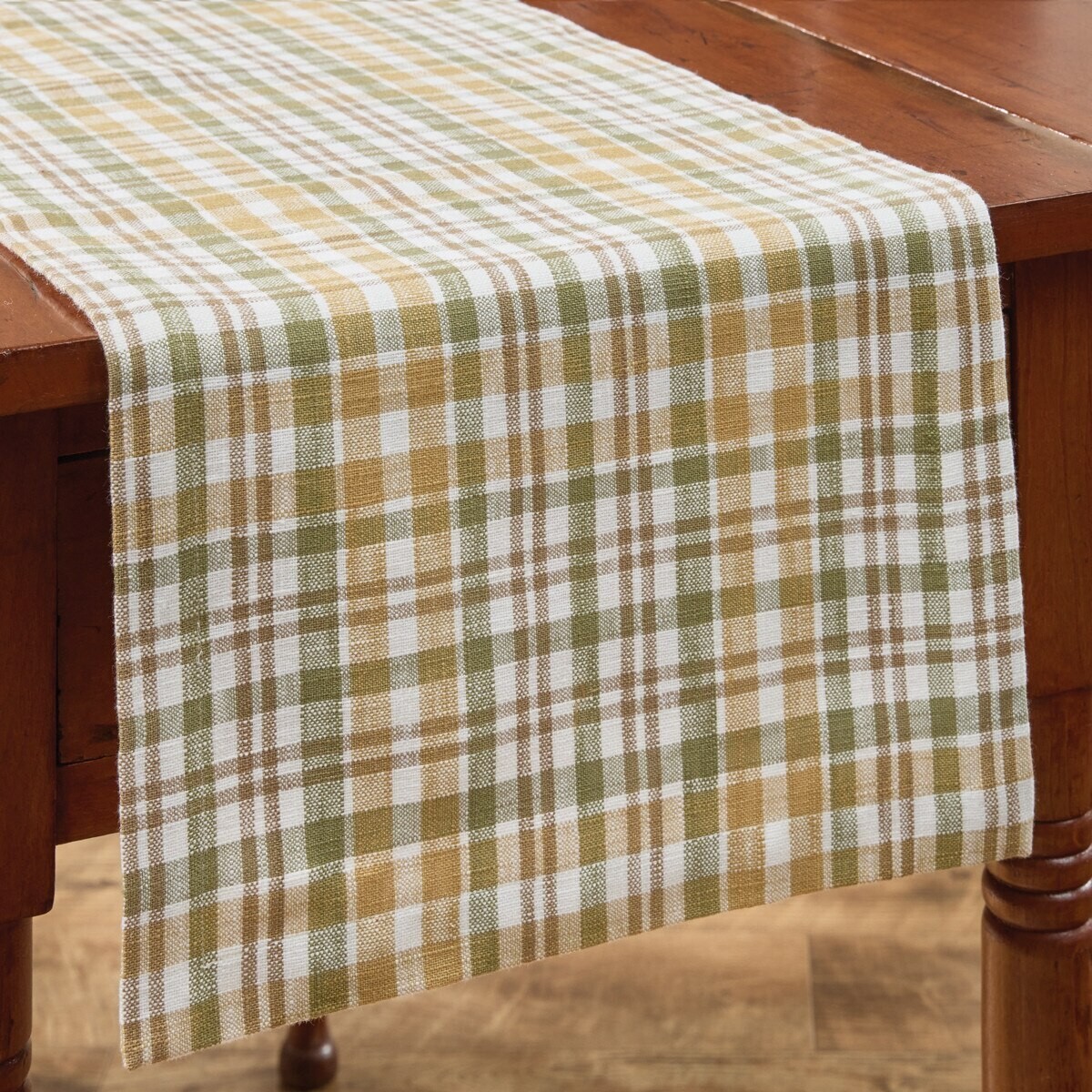 Farmstead Green Golden Yellow Plaid Woven Cotton Country Table Runner