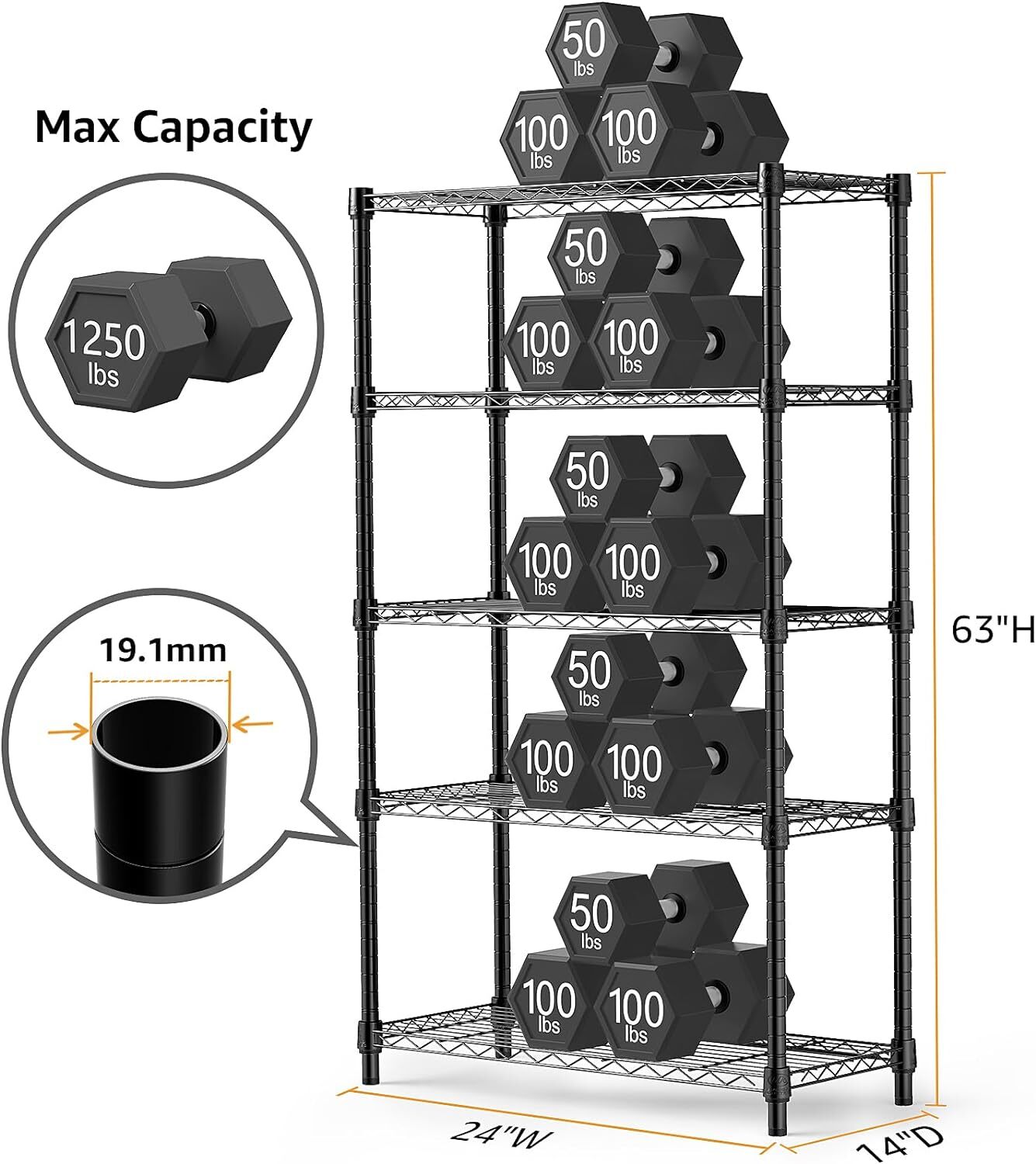 5-Tier Garage Rack Wire Unit Adjustable Storage Shelf Steel Heavy Duty Black 63″