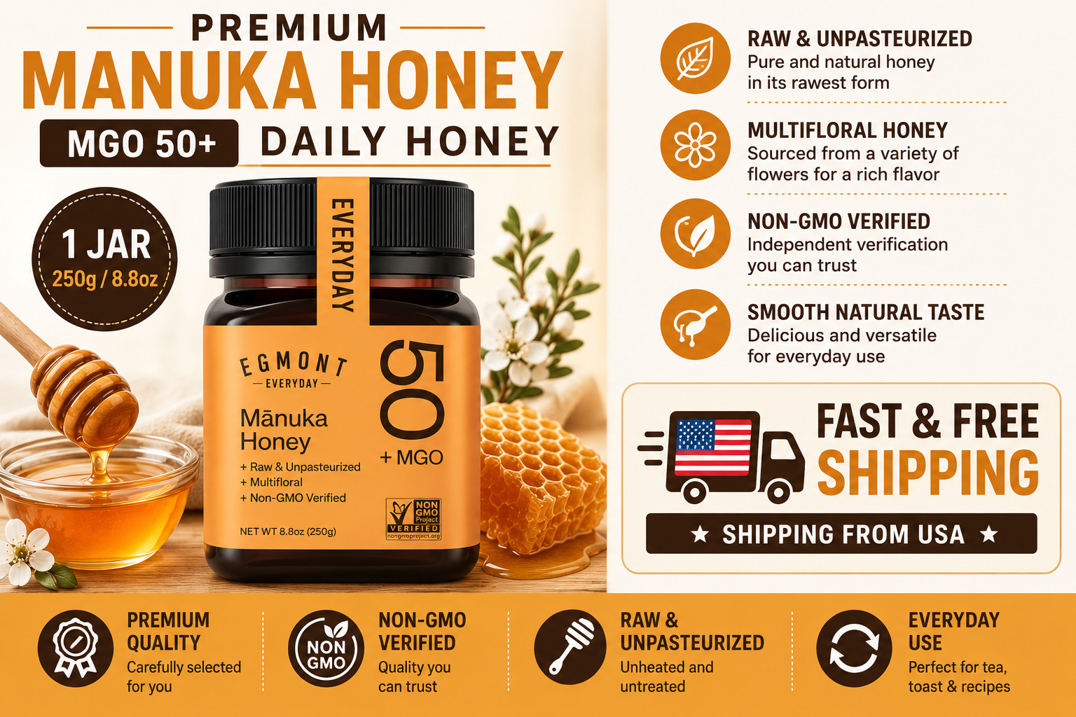Egmont Raw Manuka Honey MGO 50+ – 100% Pure New Zealand Manuka Honey – Non-GMO