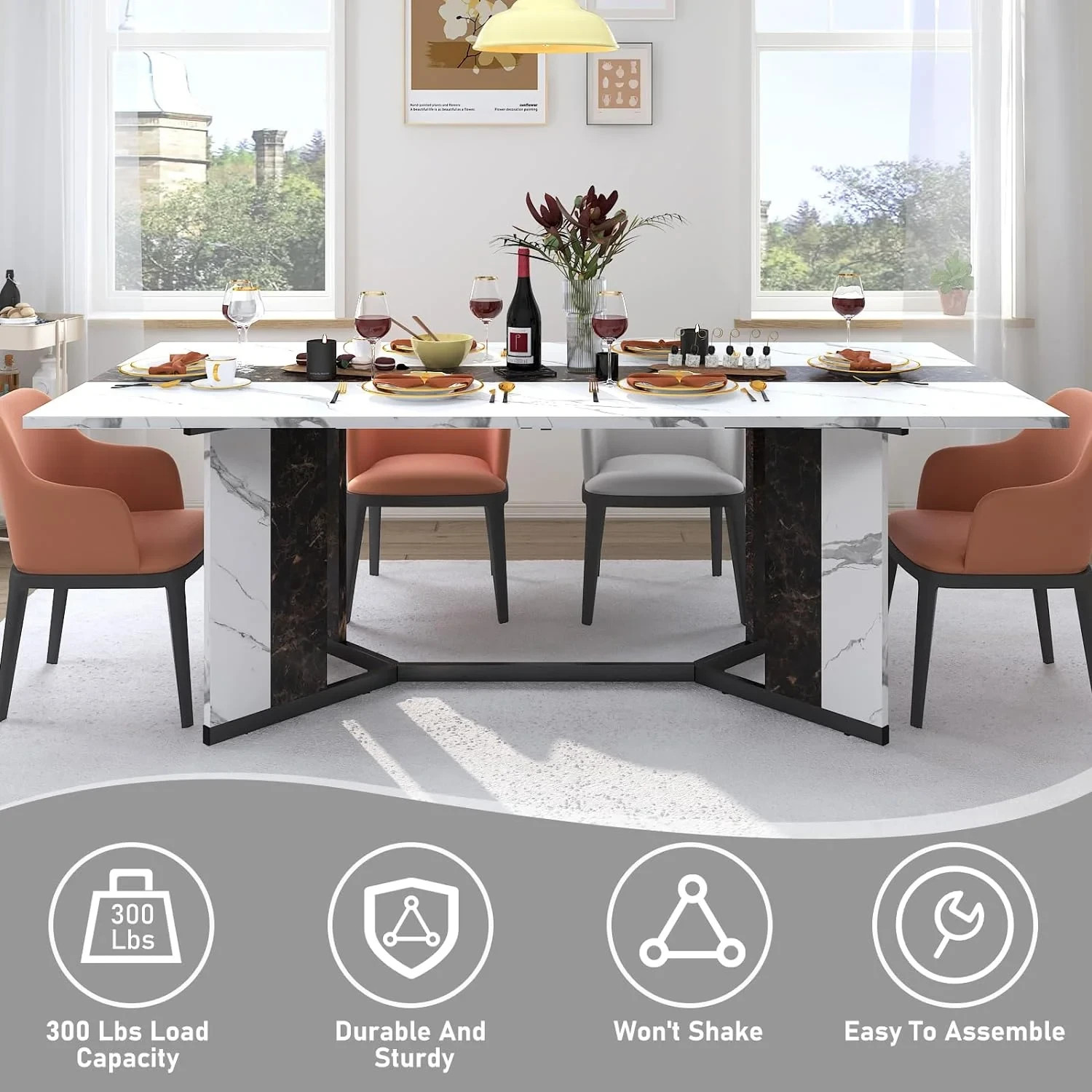 6 ft Large Modern Rectangular Dining Table for 6-8 People White Faux Marble Fin