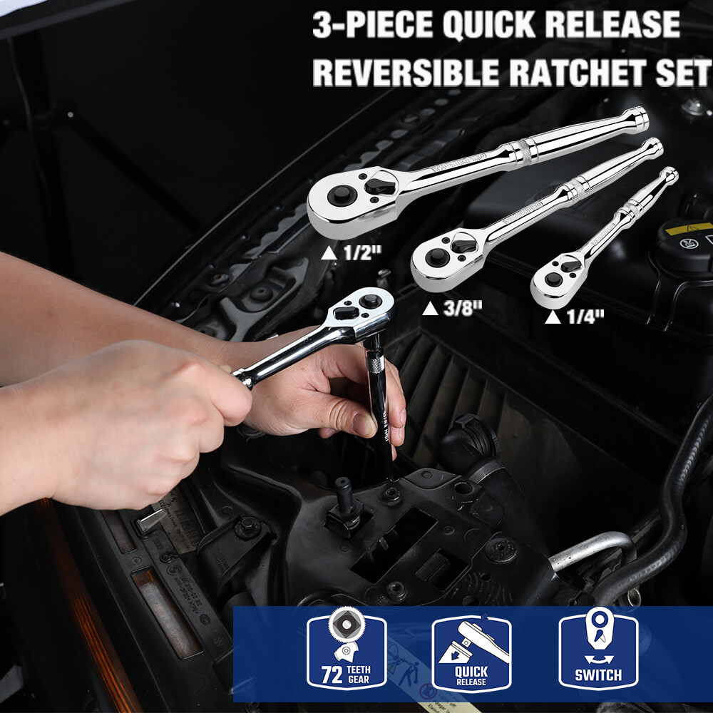 WORKPRO 3PCS Ratchet Set Quick Release 72-Tooth 1/4″ 3/8″ 1/2″ Dr Ratchet Handle