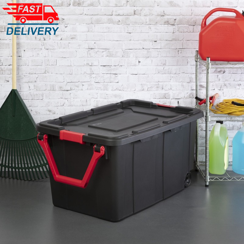 Extra Large Storage Bin, 40 Gallon Wheeled Plastic Storage, Black, Pack of 2