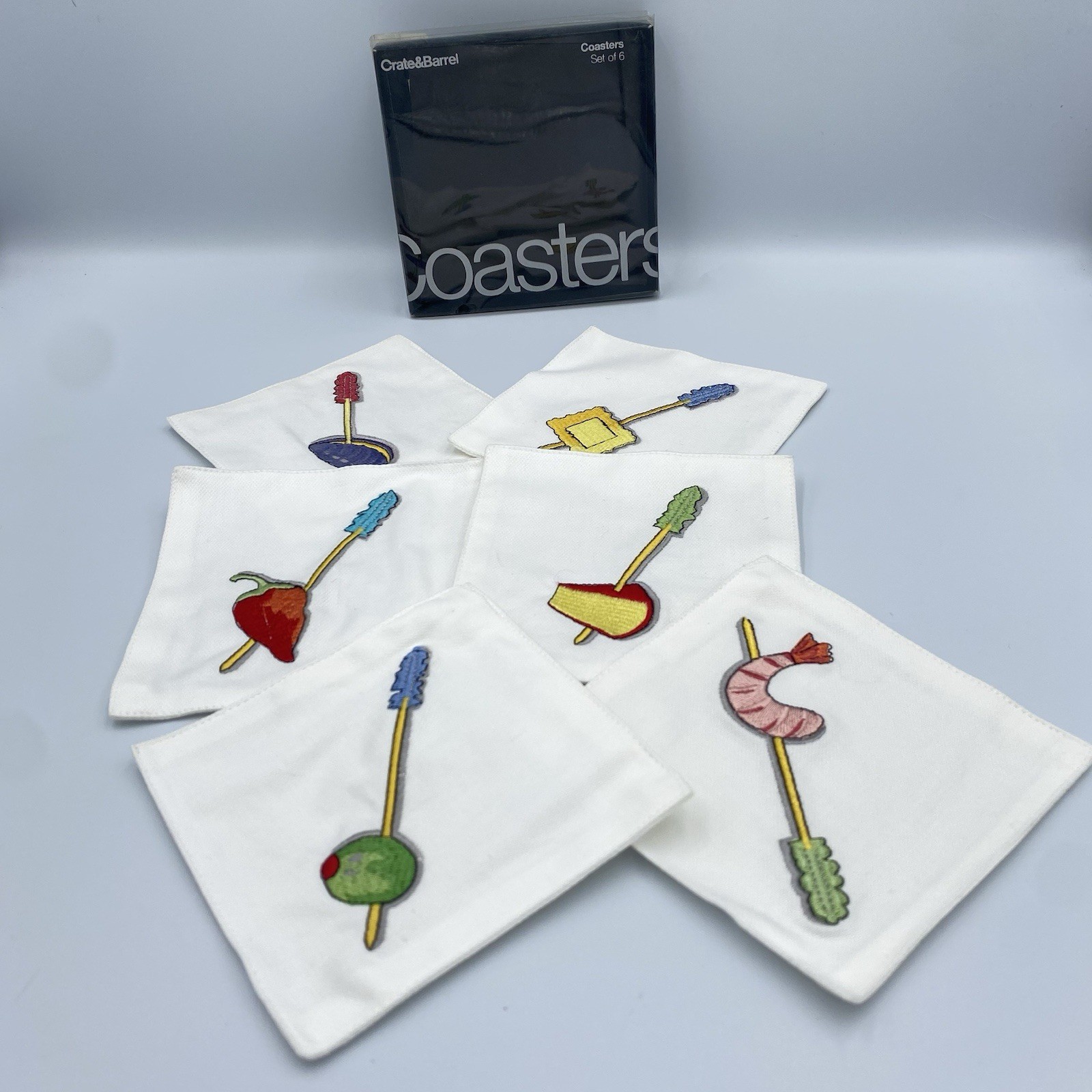 Crate & Barrel Tidbits Appetizer Coasters Cotton Embroidered Set 6 Fruit Cheese