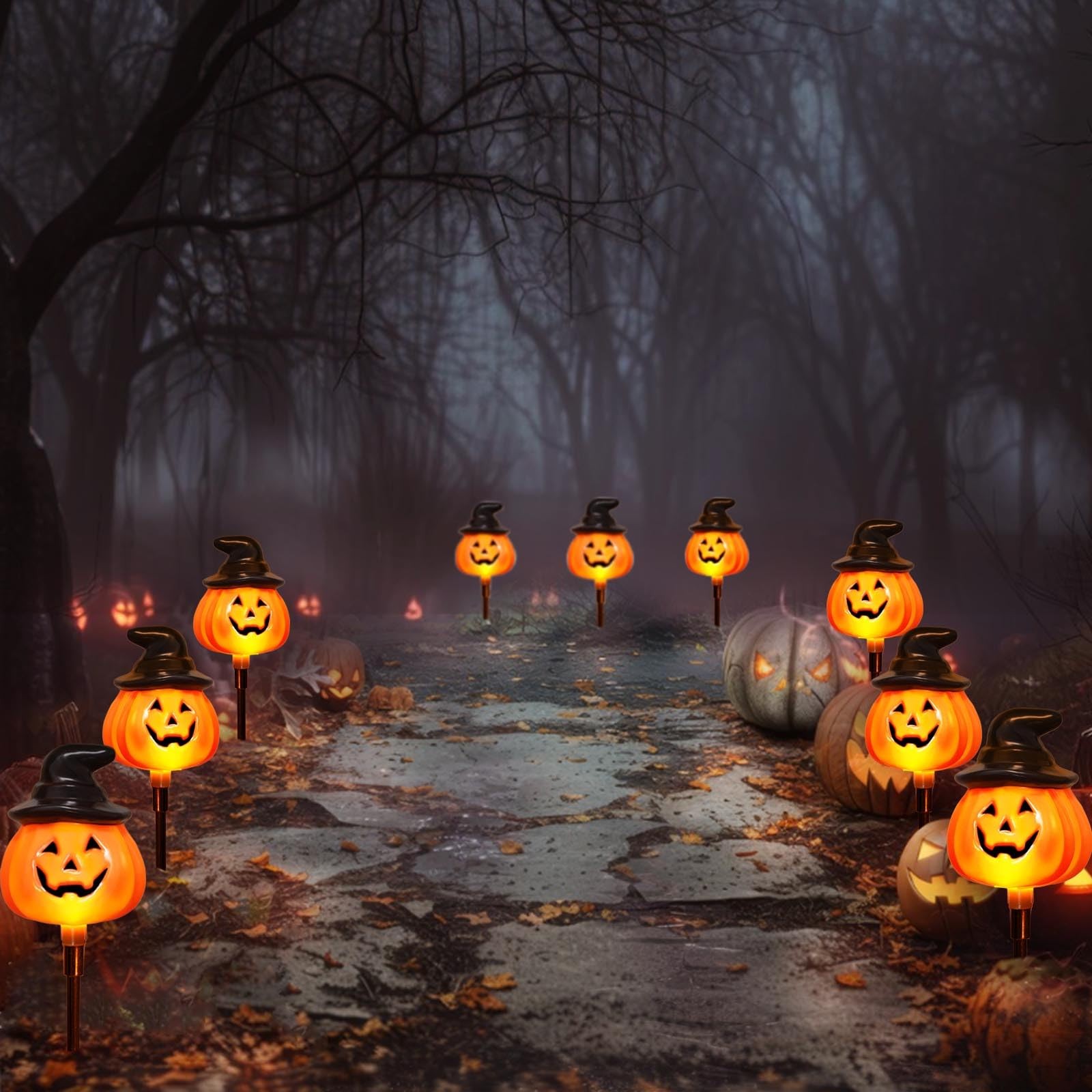 6 Pack Solar Jack O Lantern Stake String Lights – Orange Halloween Pathway De…